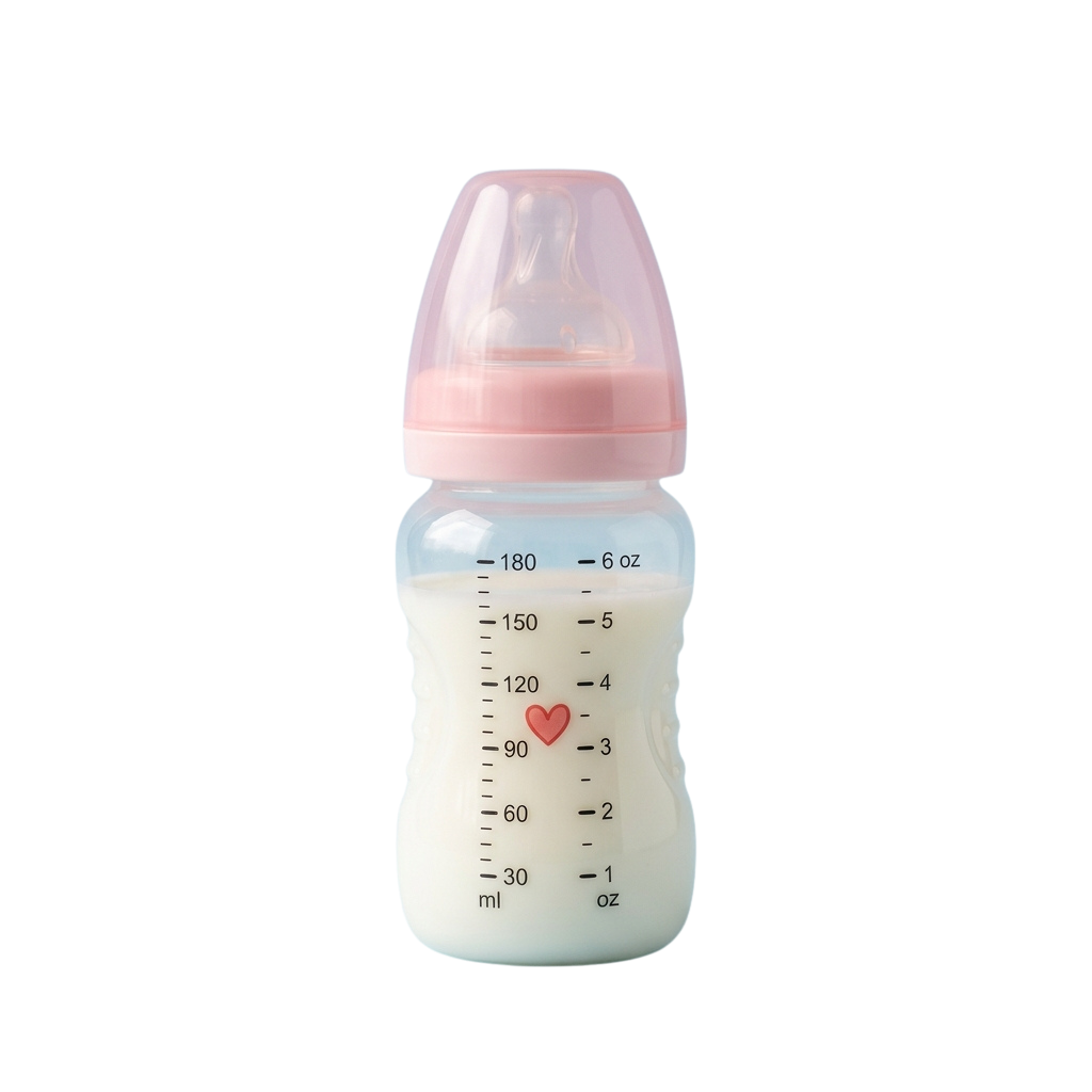 Baby feeding bottle with pink lid and volume markings in milliliters and ounces