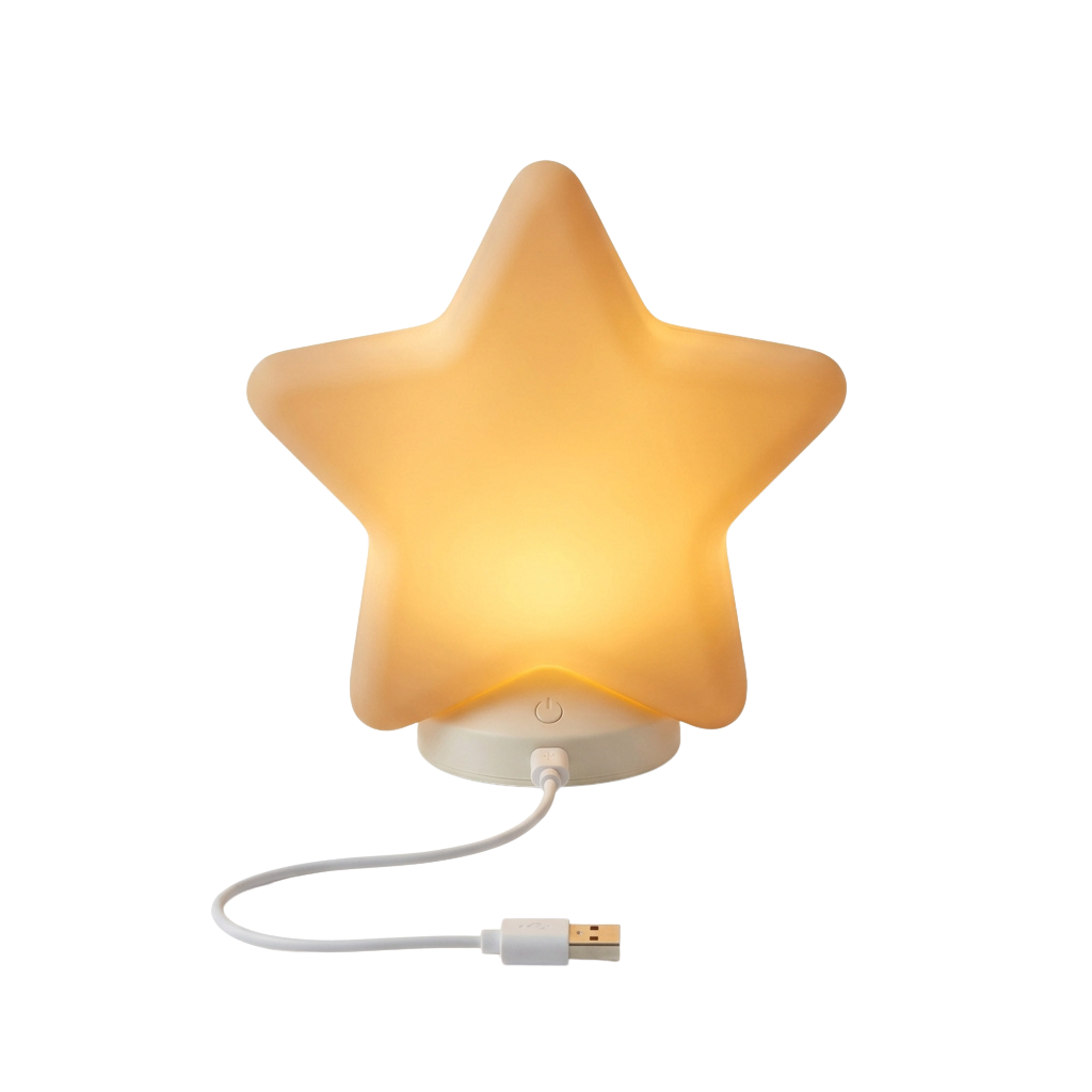 A glowing star-shaped USB night light with a soft yellow glow and a white base.