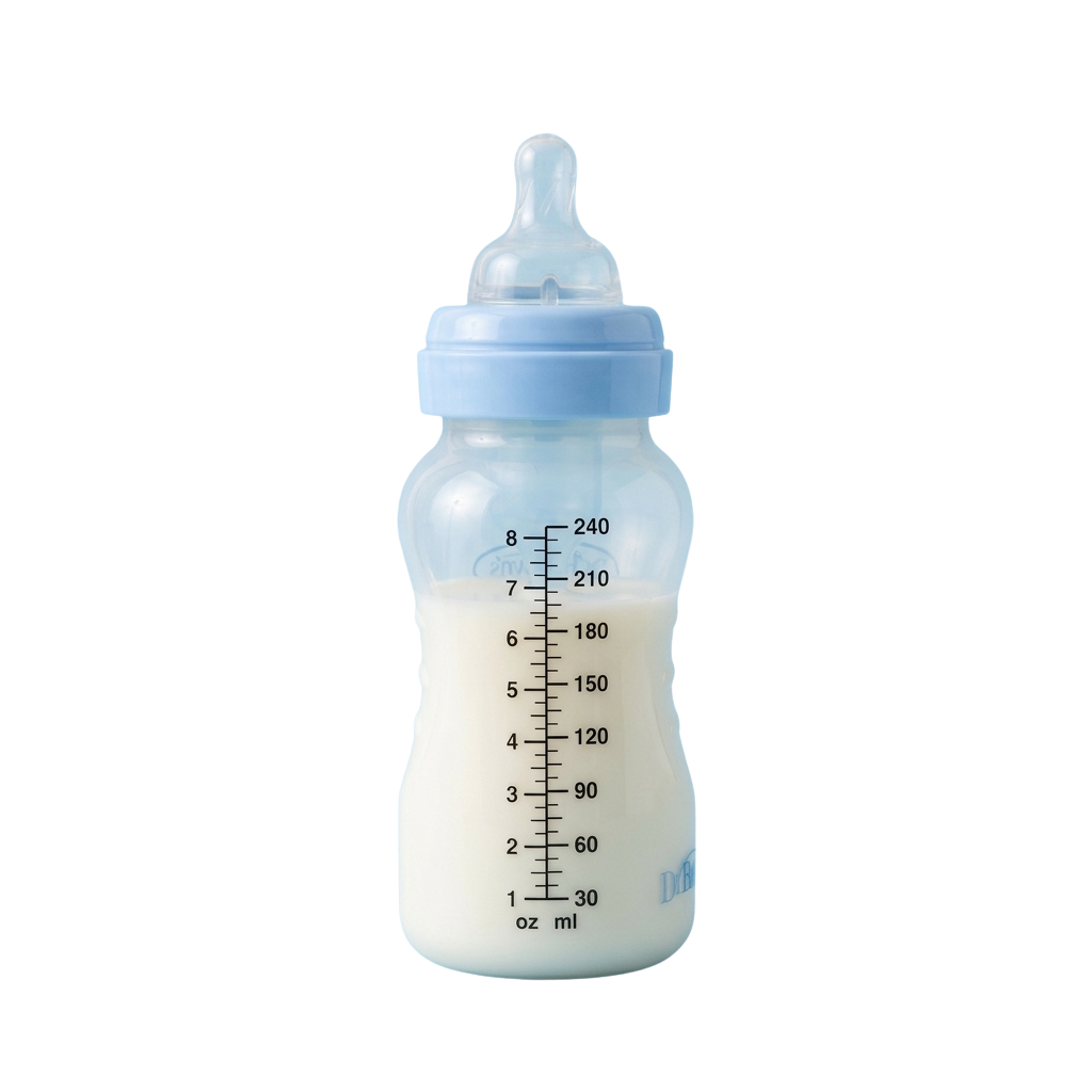 A transparent baby bottle filled with milk, showing measurement markings in ounces and milliliters.