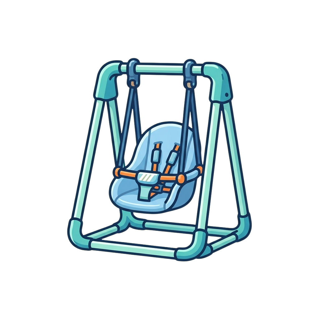 Illustration of a baby swing frame with a blue seat and turquoise metal structure