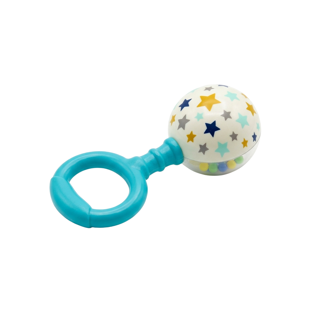 Teething toy with a blue ring handle and a spherical star-patterned rattle