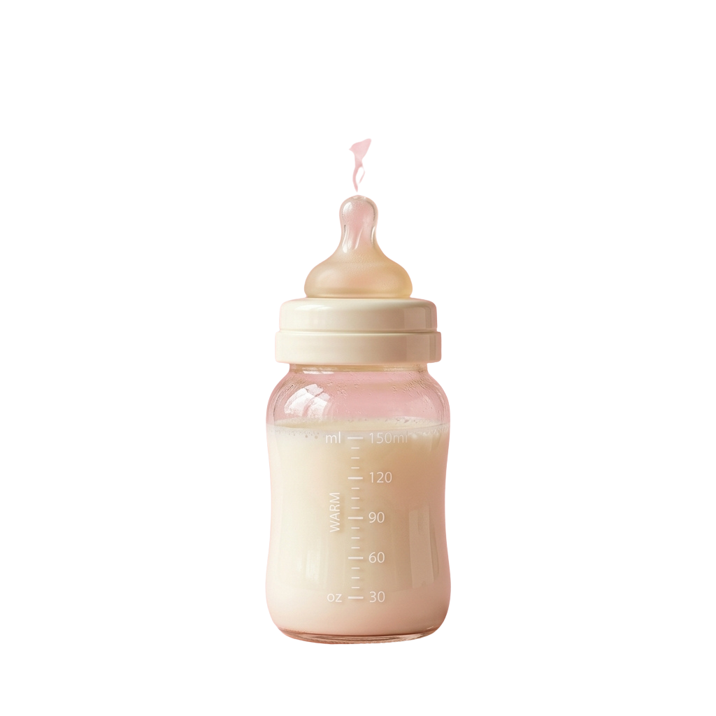 A baby bottle filled with milk and topped with a clear orthodontic pacifier nipple on a black background