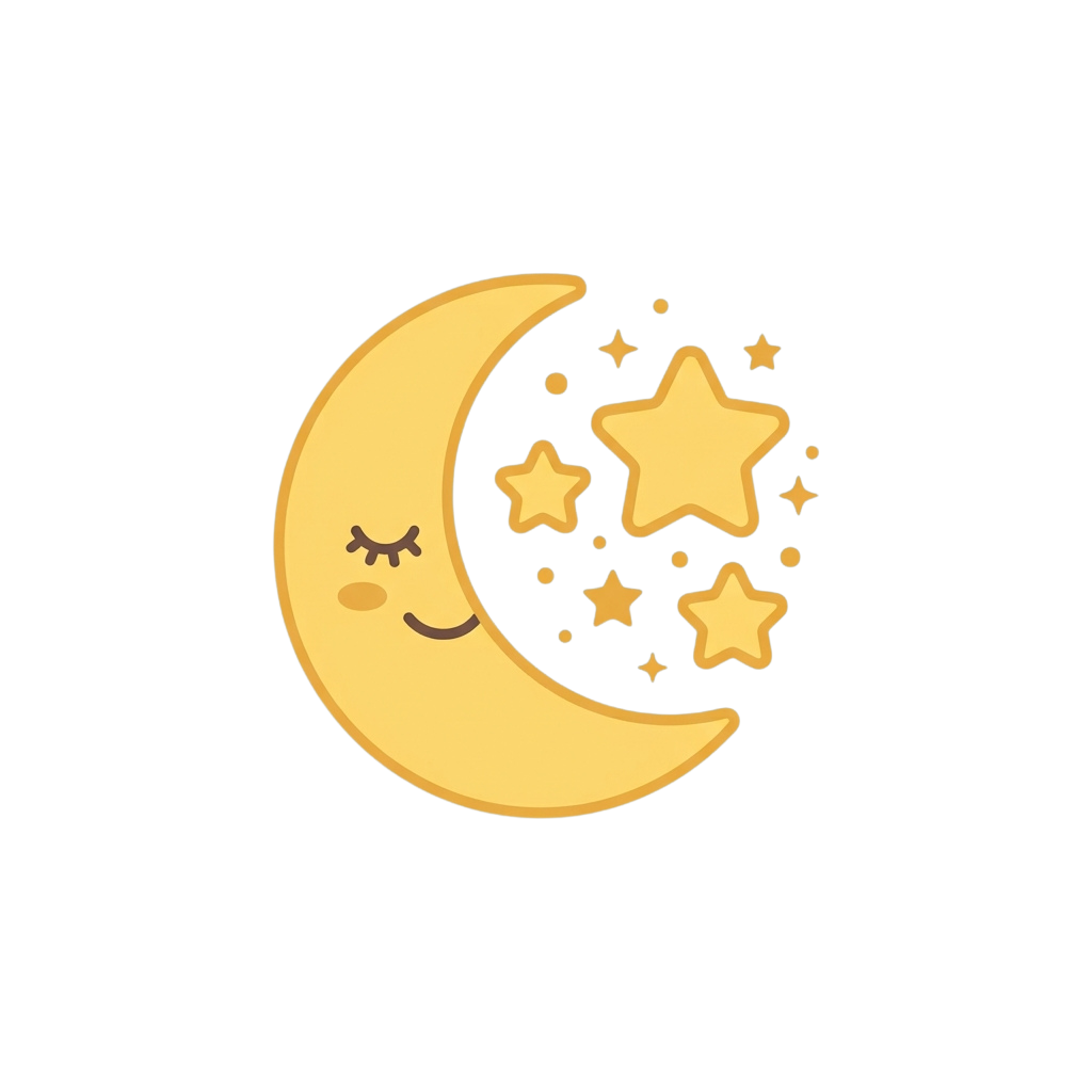 A smiling crescent moon with stars and small sparkles around it on a dark background