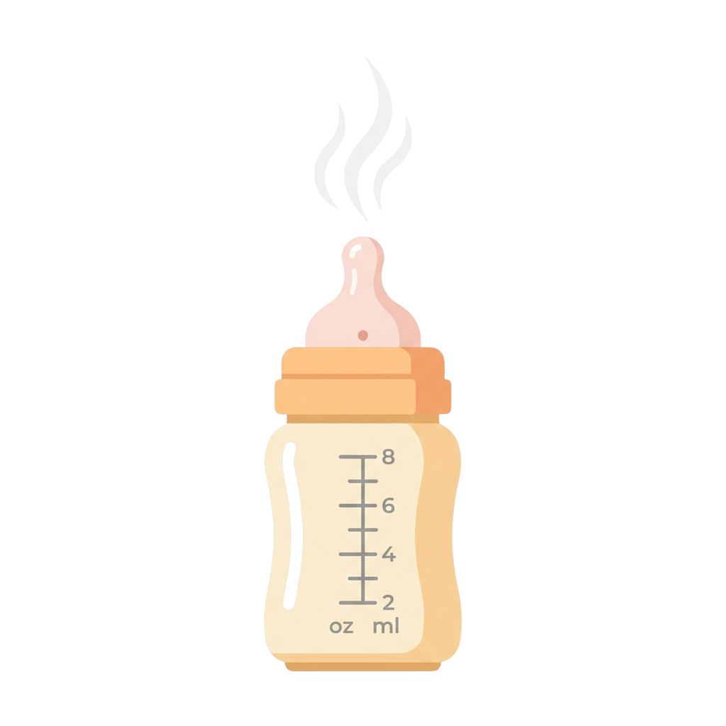 Illustration of a baby bottle emitting steam against a black background