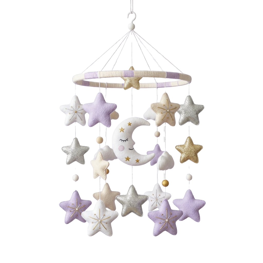 A hanging nursery mobile featuring stars, a crescent moon, and decorative beads on strings
