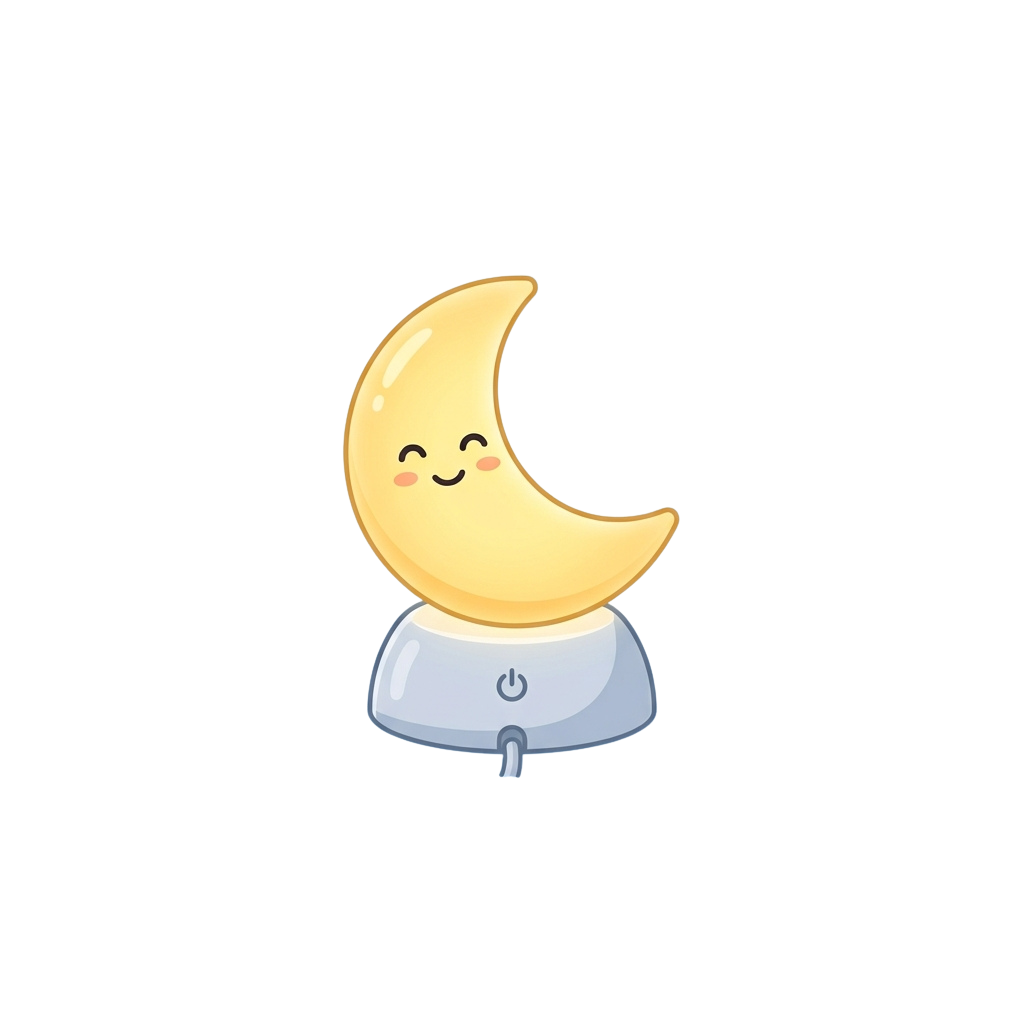 Illustration of a smiling crescent moon night light on a base with an on-off switch