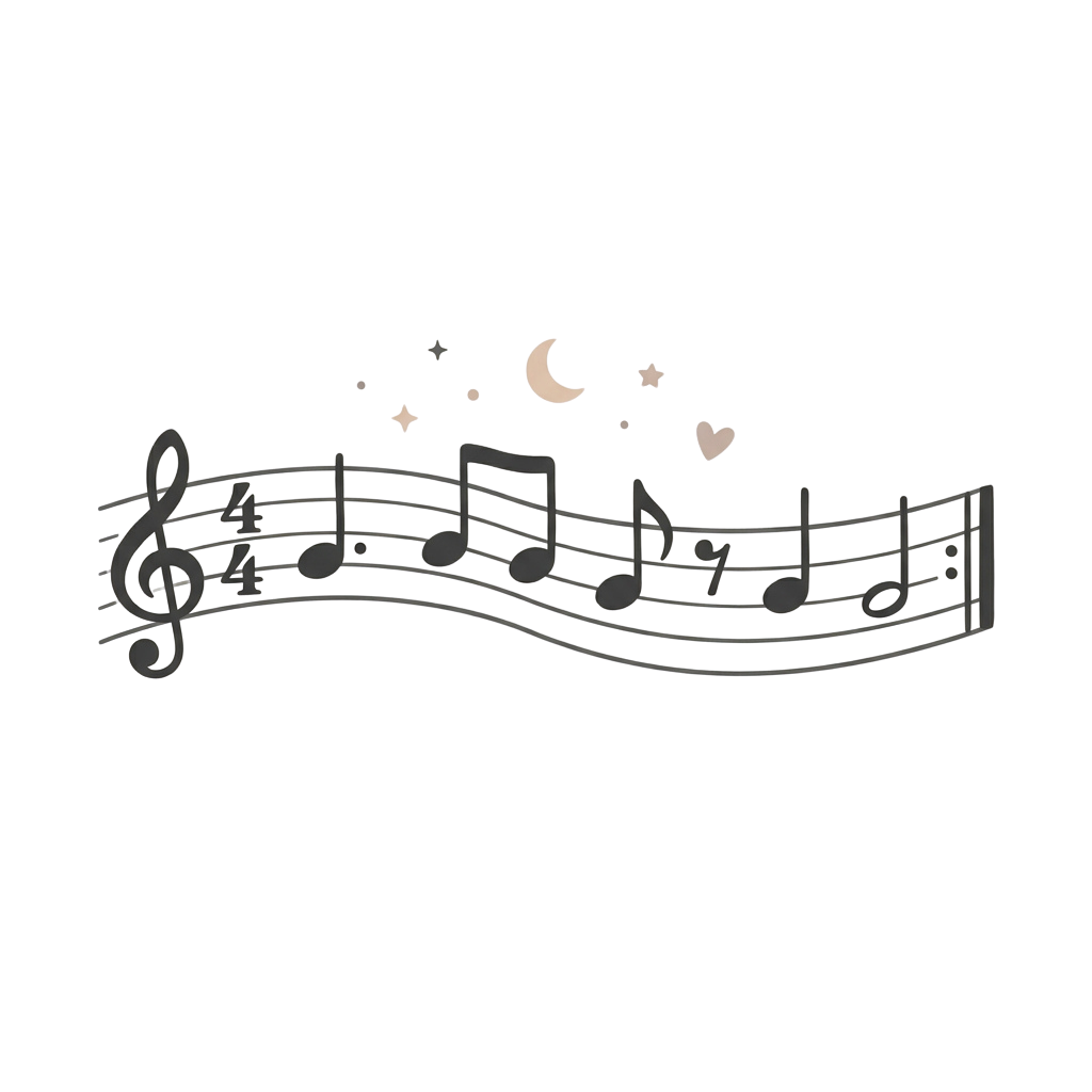 Grayscale musical notes with a crescent moon, stars, and hearts floating above them
