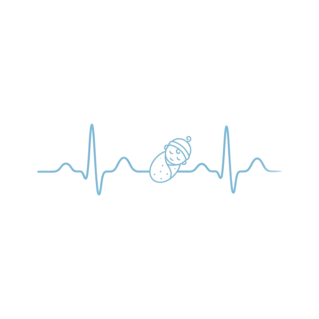 A stylized heartbeat line with a small snowman character in the center