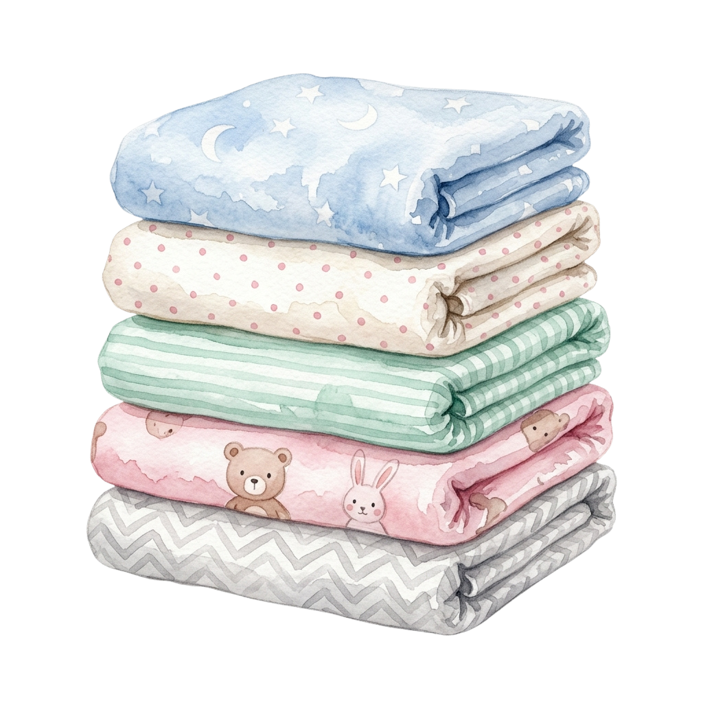 Stack of five folded baby blankets featuring stars, polka dots, stripes, chevrons, and teddy bear designs