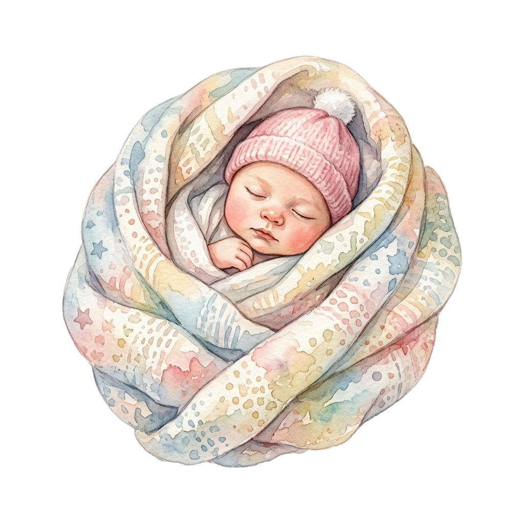 A sleeping baby snugly wrapped in a pastel-colored, star-patterned blanket and wearing a pink knit hat.