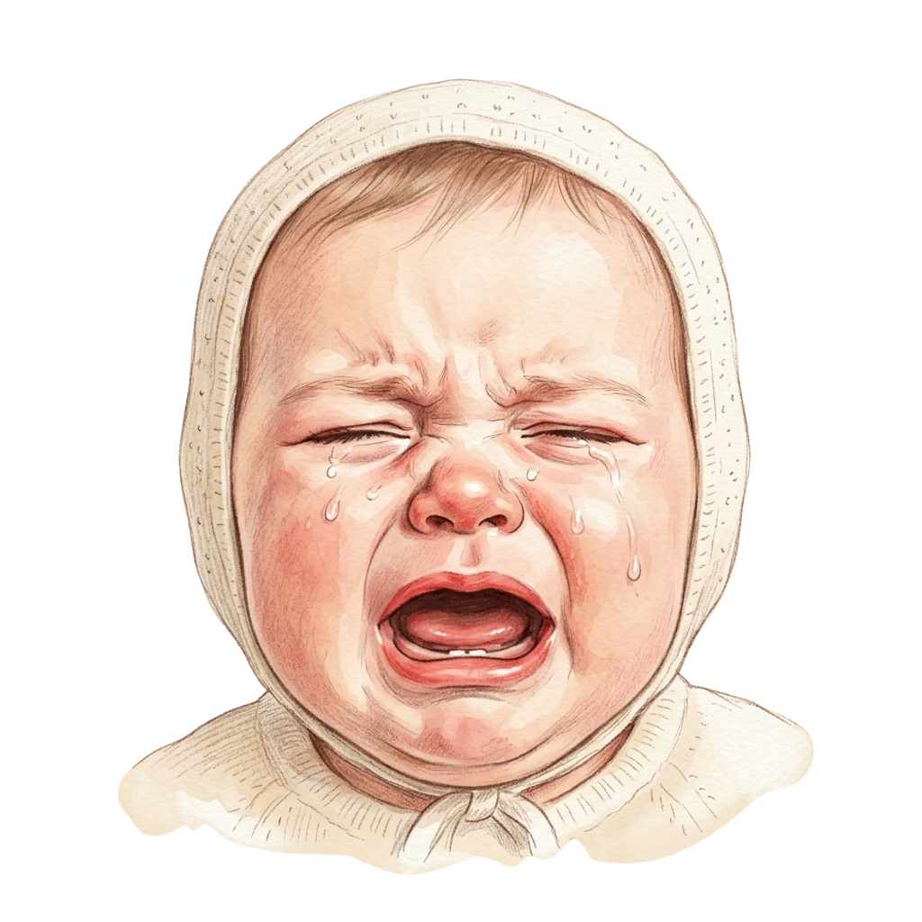 Illustration of a crying baby wearing a white hat and light-colored clothing