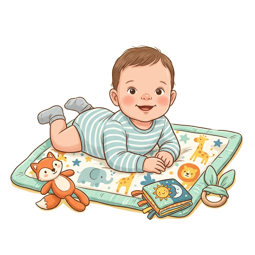 Smiling baby lying on a play mat surrounded by animal toys and a book