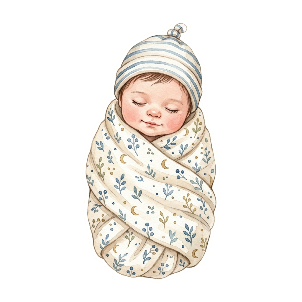 A peaceful baby swaddled in a floral-patterned blanket with crescent moon designs, wearing a striped knit hat.