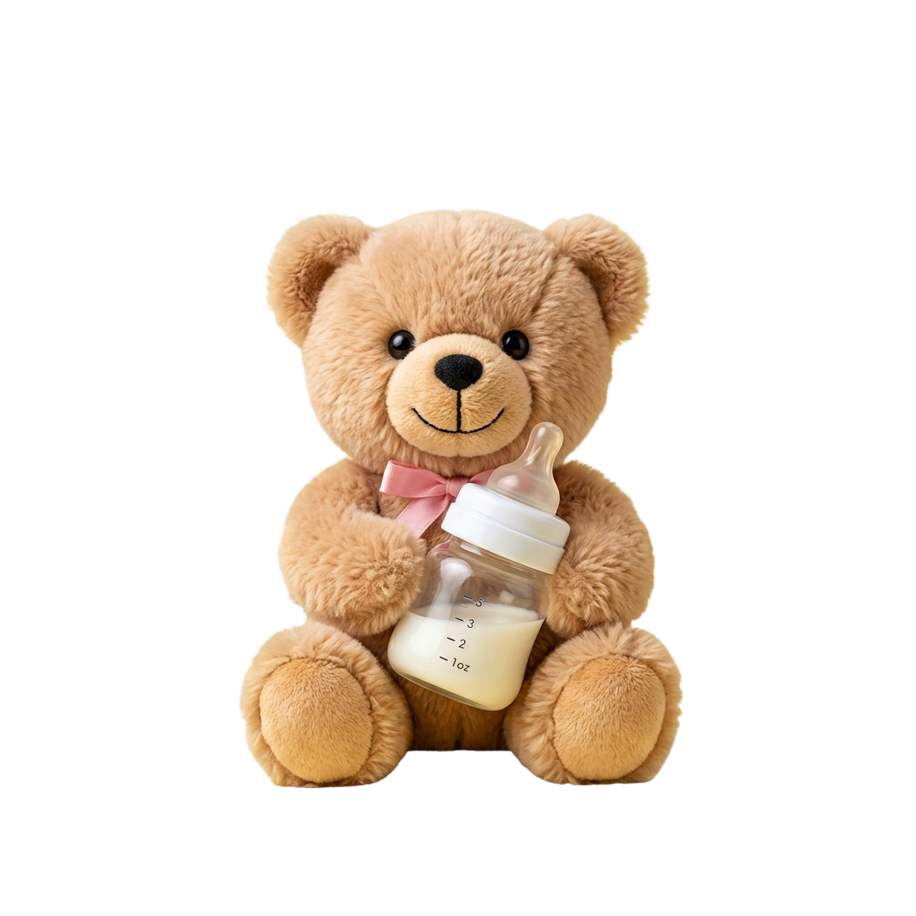 Light brown teddy bear sitting and holding a baby bottle filled with milk, wearing a pink bow