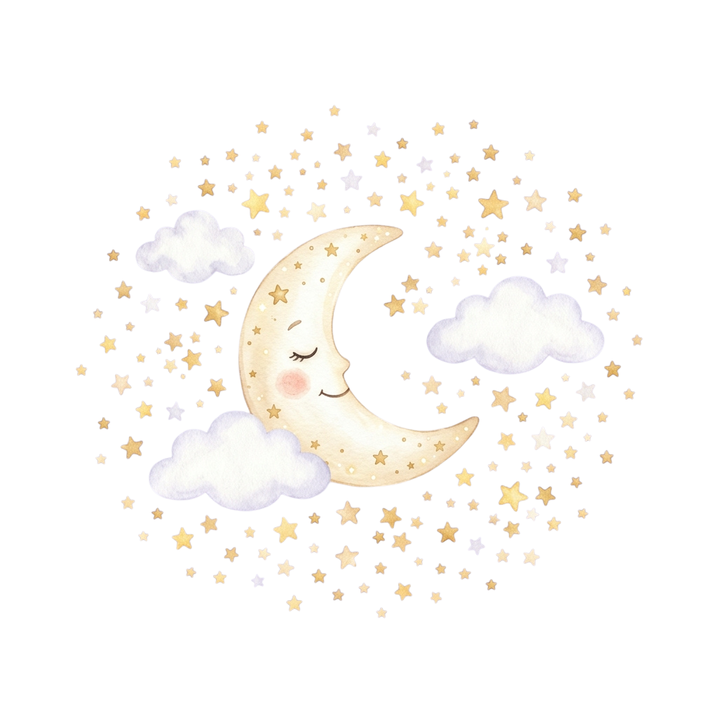 A smiling crescent moon floating among stars and soft clouds in a night sky