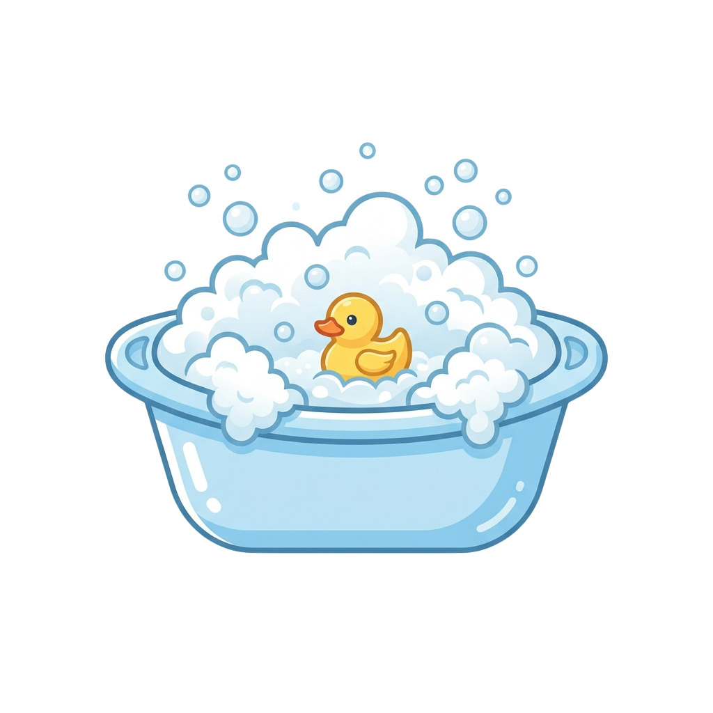 A cheerful yellow rubber duck floating in a light blue tub filled with bubbly soapy water