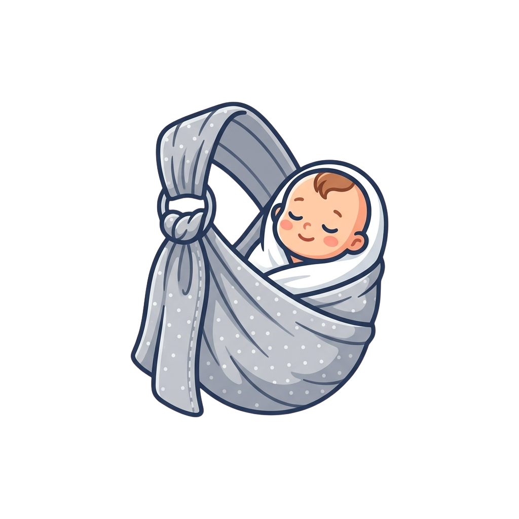 Baby peacefully sleeping in a gray polka dot cloth wrap carrier