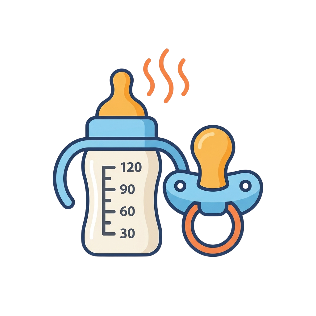 Illustration of a baby bottle with steam rising from the nipple and a pacifier beside it