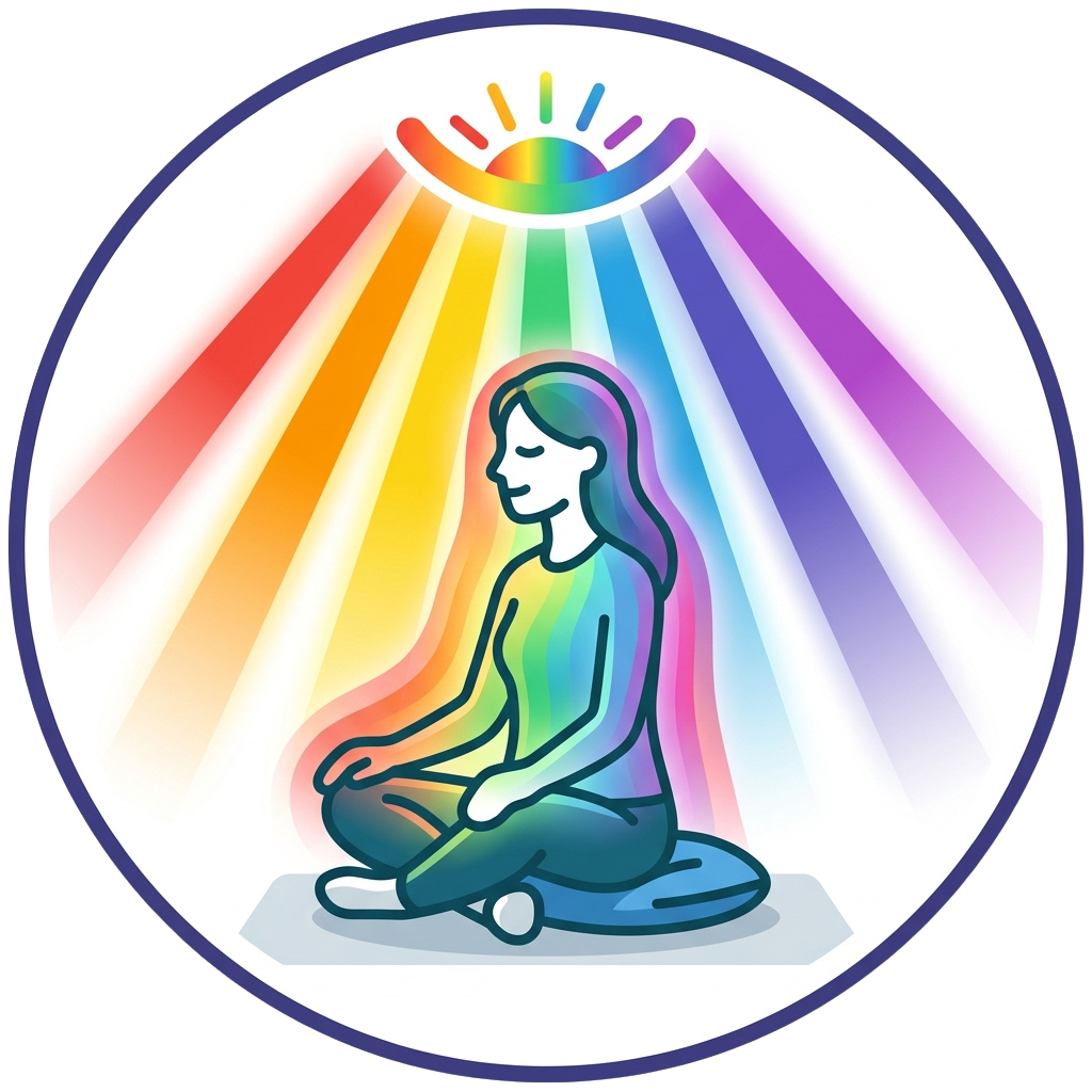 A person meditating in a cross-legged position with colorful light rays and a rainbow arch above their head.