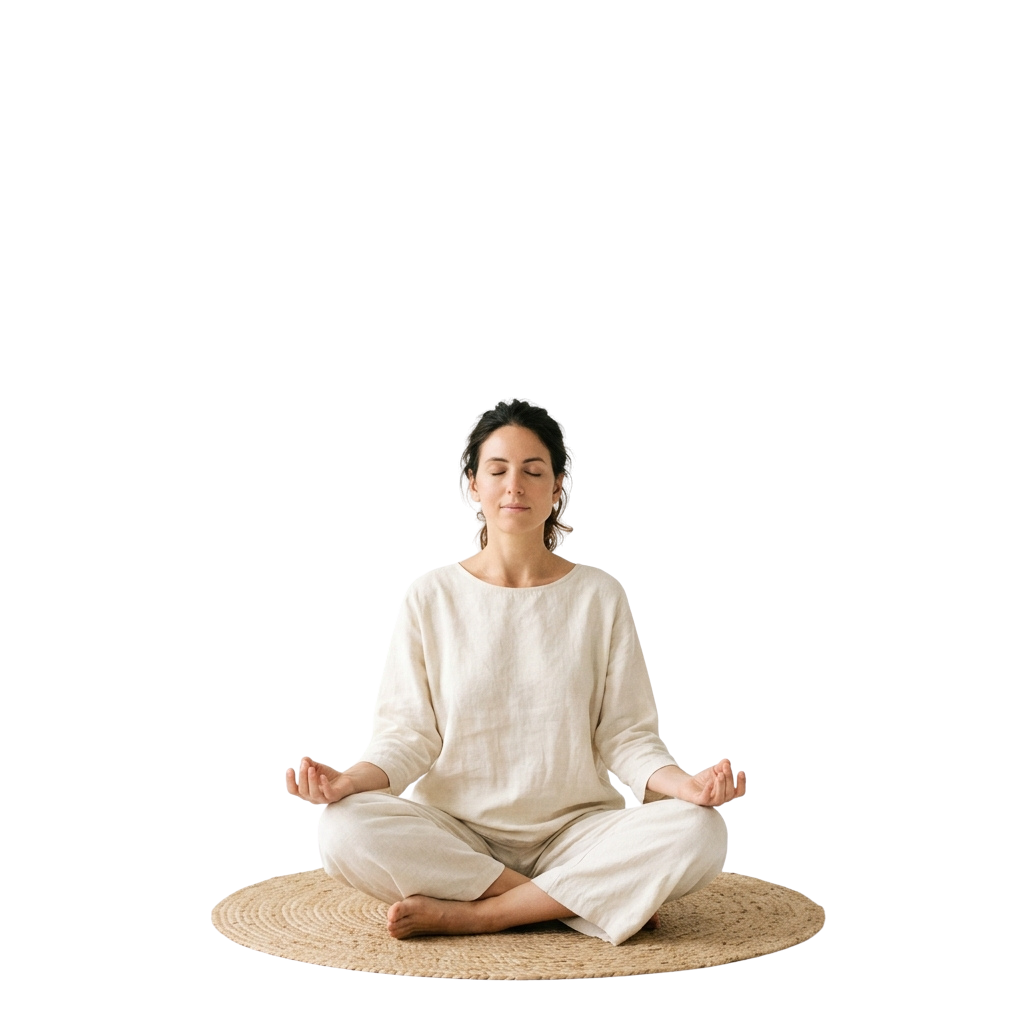 Person sitting cross-legged in meditation with hands resting on knees, wearing light-colored clothing.