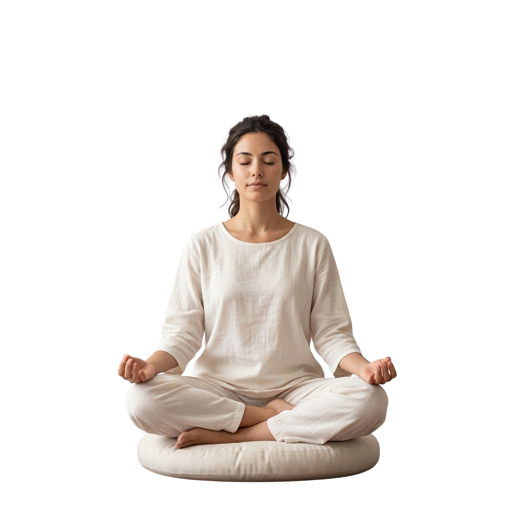 A woman sitting cross-legged on a cushion, meditating with eyes closed and hands resting on knees.