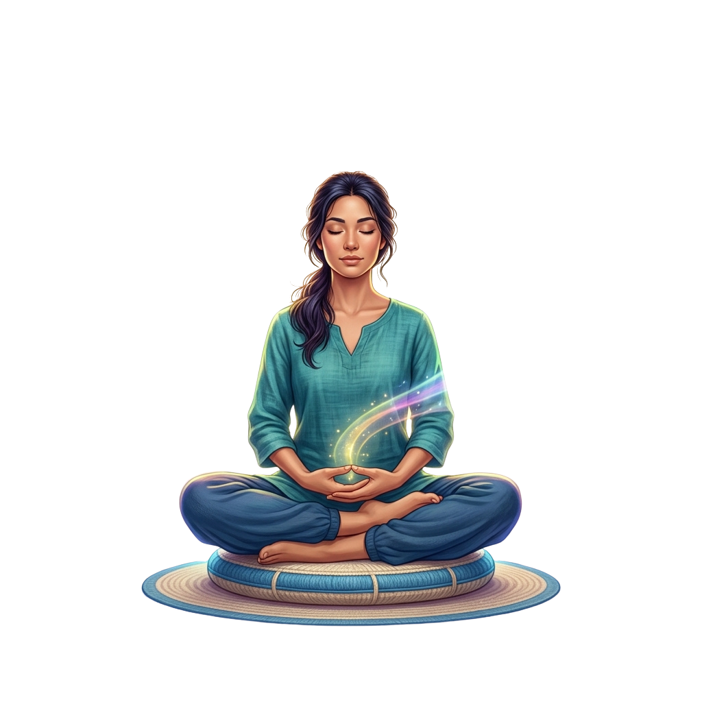 A woman sitting in a meditative pose with hands resting on knees, glowing energy beams emanating from her palms.