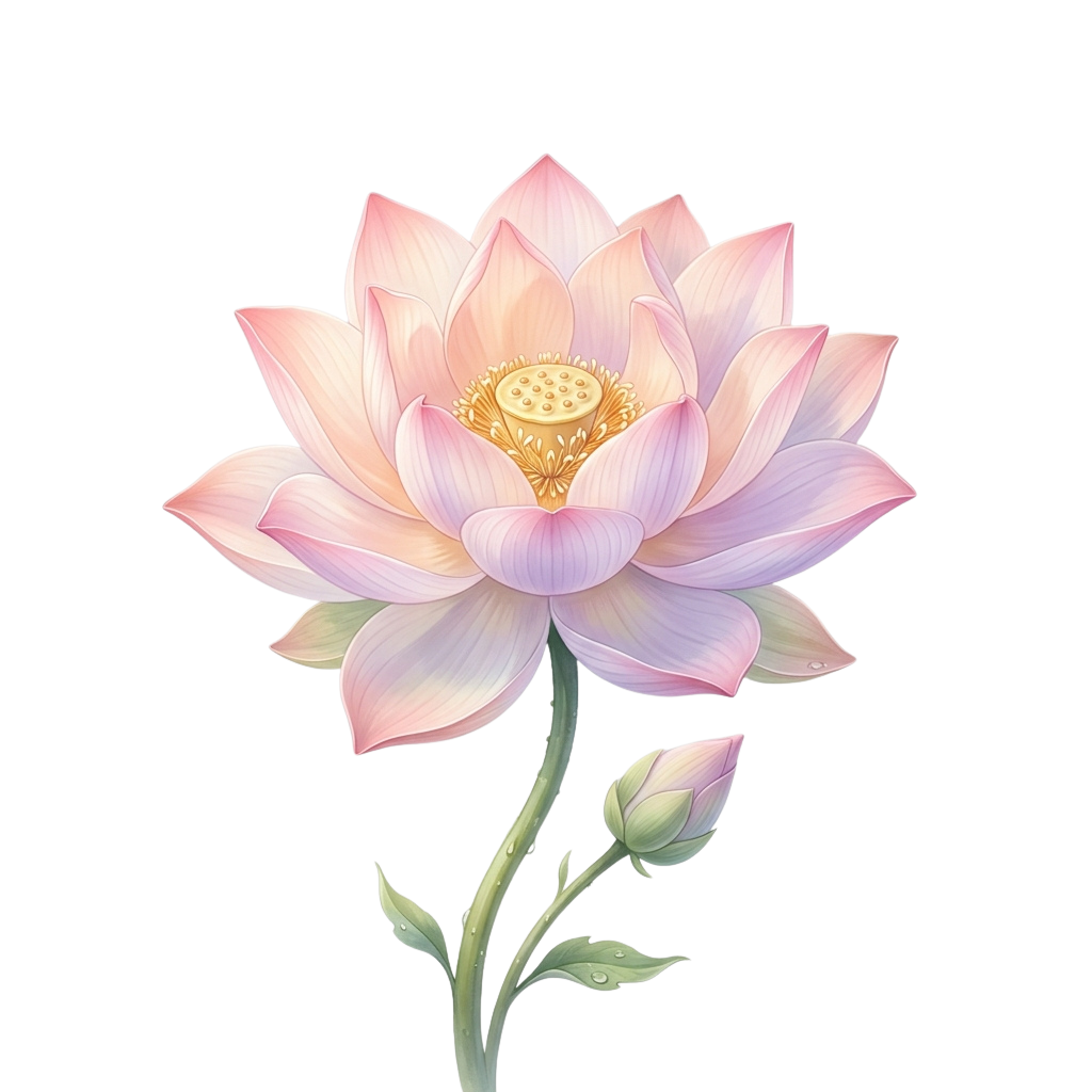 A detailed digital illustration of a pink lotus flower with golden center and green stem