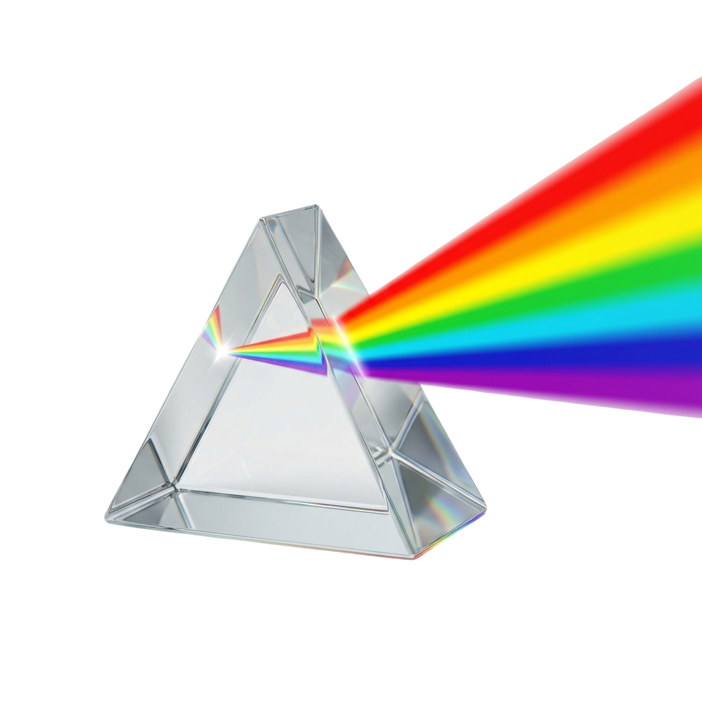 A triangular prism splitting white light into a rainbow spectrum of colors