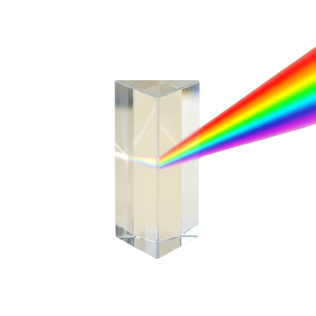A transparent prism splitting white light into a rainbow spectrum