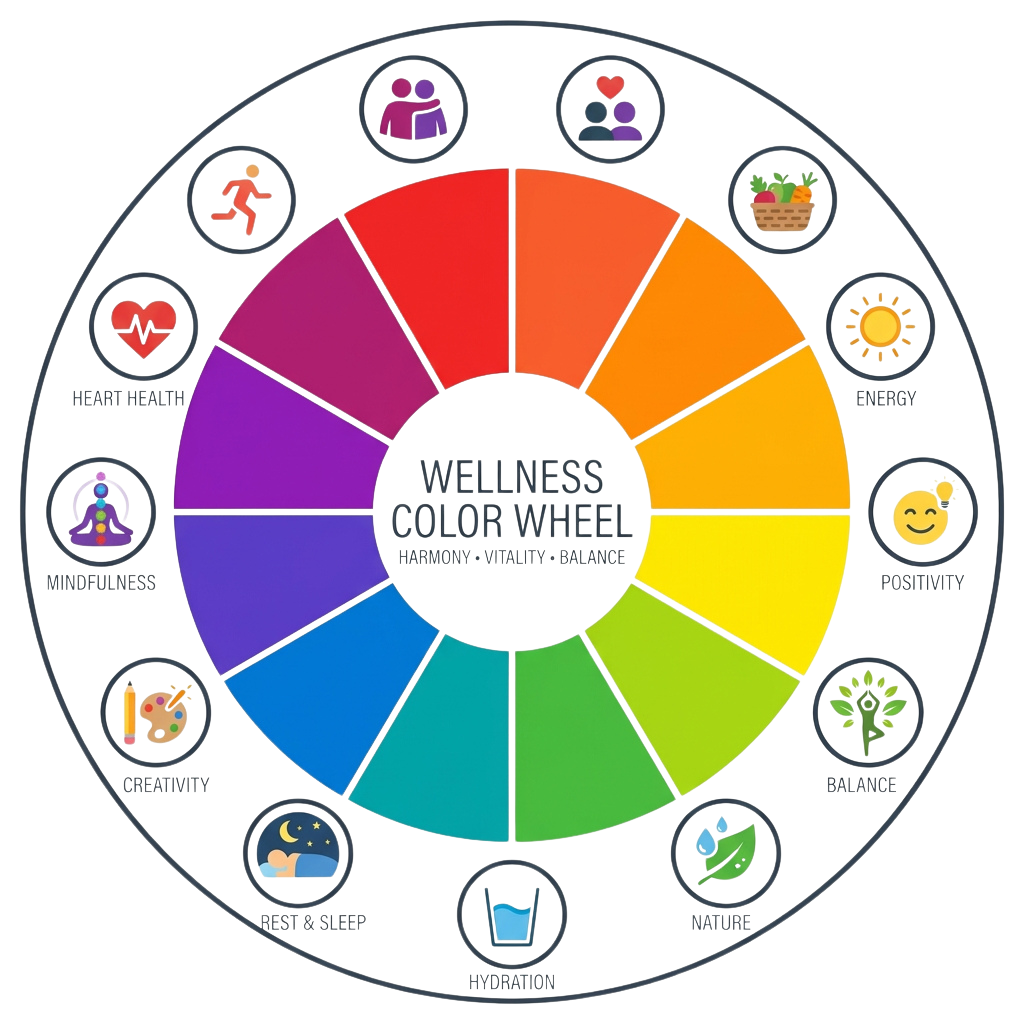 Colorful wellness wheel showing segments for heart health, mindfulness, creativity, rest, hydration, nature, balance, positivity, energy, and social connections