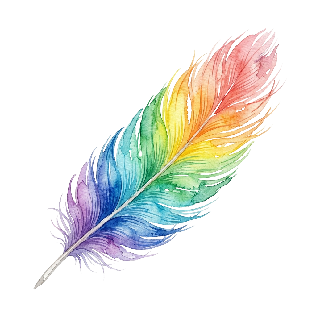 A vivid watercolor feather with gradient colors from purple to red on a black background
