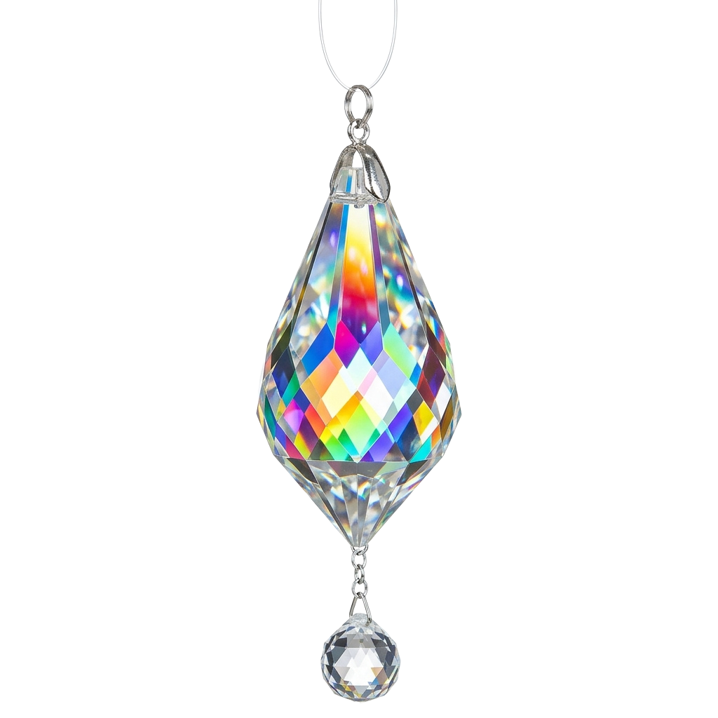 A shiny teardrop-shaped crystal pendant necklace with rainbow refraction and a small crystal drop at the bottom