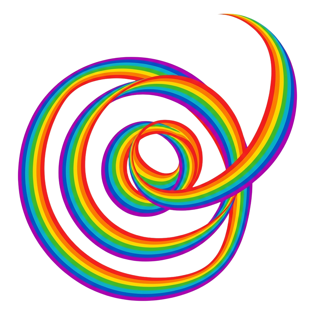 A vibrant, multicolored spiral pattern with rainbow hues forming concentric loops on a black background