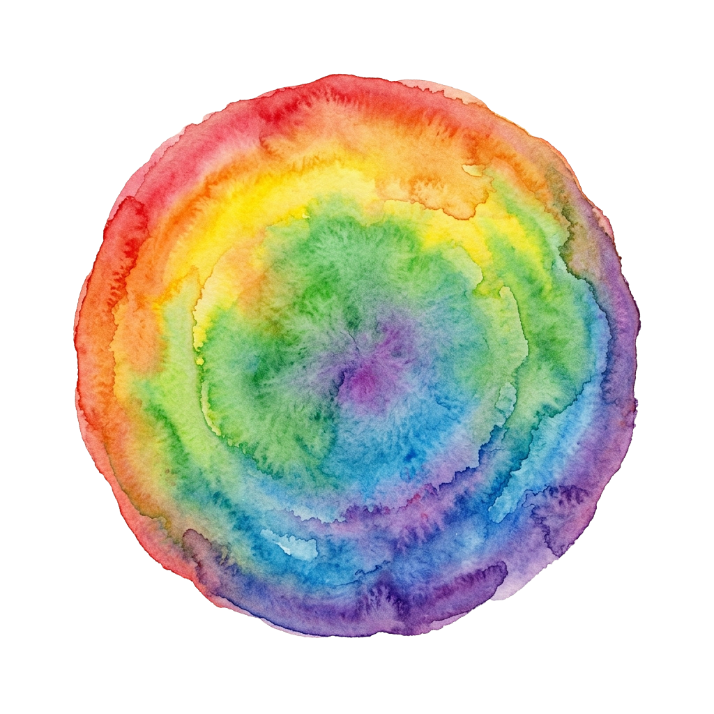 A colorful watercolor circle blending red, orange, yellow, green, blue, and purple hues in a gradient pattern