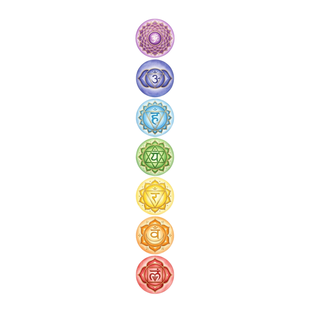 Illustration of seven colorful chakra symbols aligned vertically from base to crown