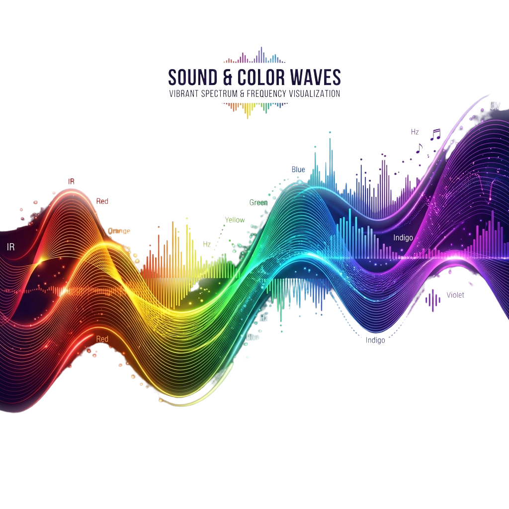 Abstract sound and color wave visualization showing frequency spectrum with vibrant waves and bars in rainbow colors