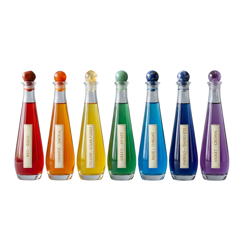 Seven colored glass bottles labeled with chakra names aligned in a row on a black background