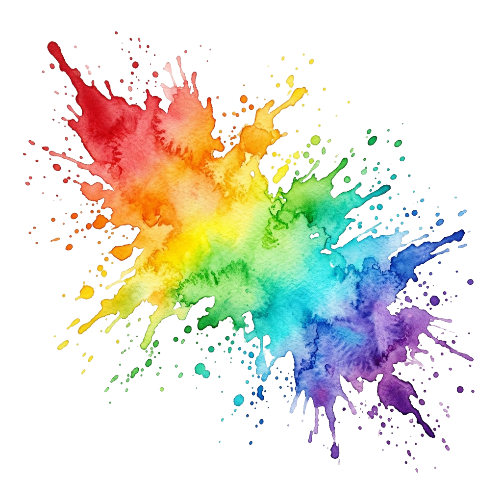Colorful abstract watercolor splatter with red, orange, yellow, green, blue, and purple hues on black background