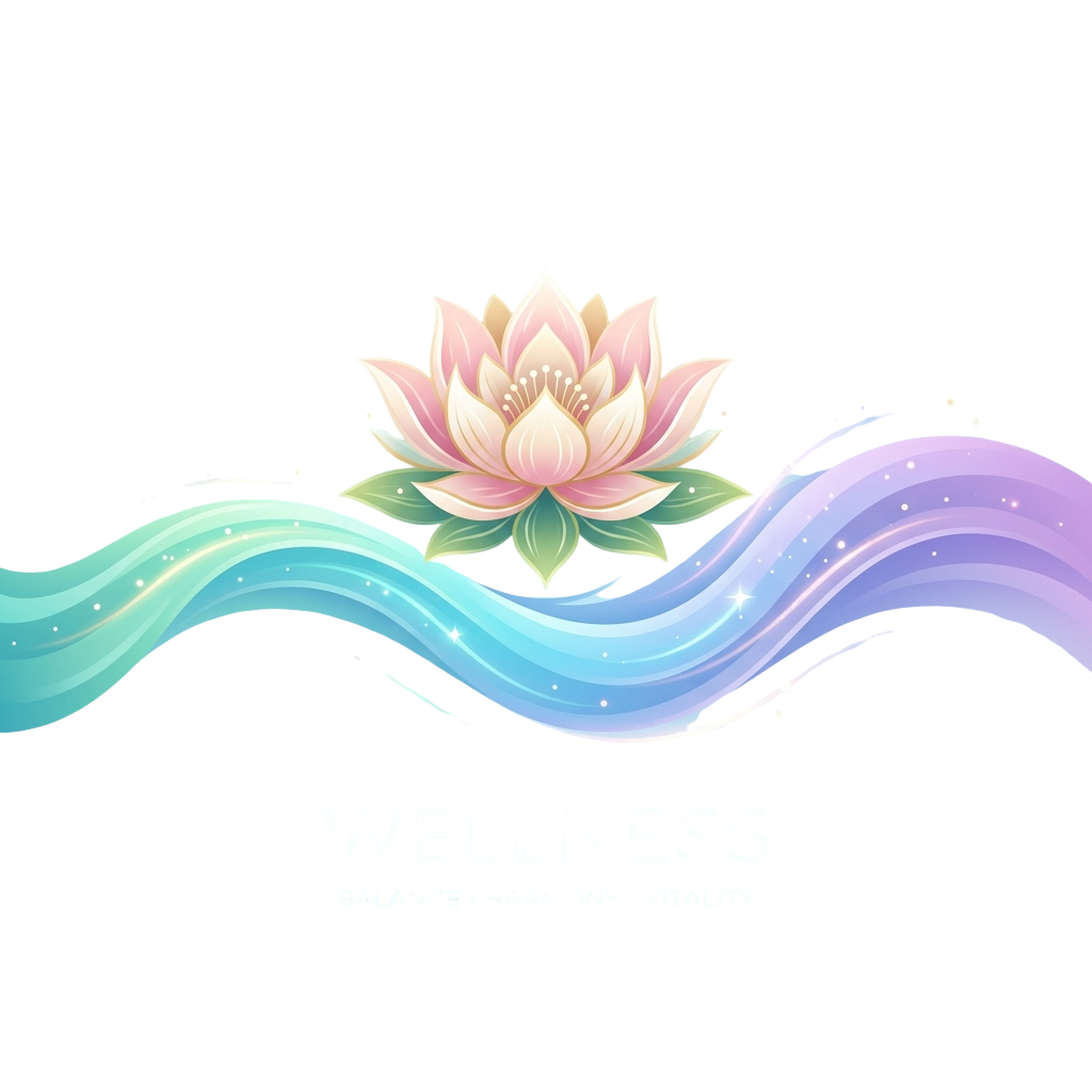 A stylized lotus flower floating on flowing water waves with the word wellness and its principles