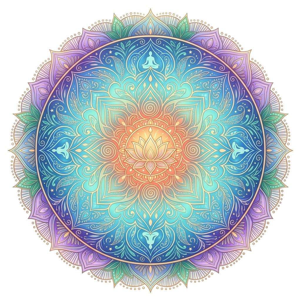 Colorful mandala with a lotus flower at the center, surrounded by intricate patterns and swirling designs