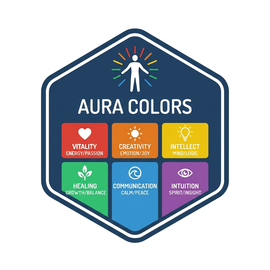 Hexagonal graphic showing six aura colors with symbols and descriptions for vitality, creativity, intellect, healing, communication, and intuition