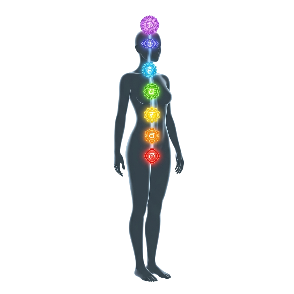 Illustration of a human body with seven glowing chakra energy centers aligned vertically from head to pelvis