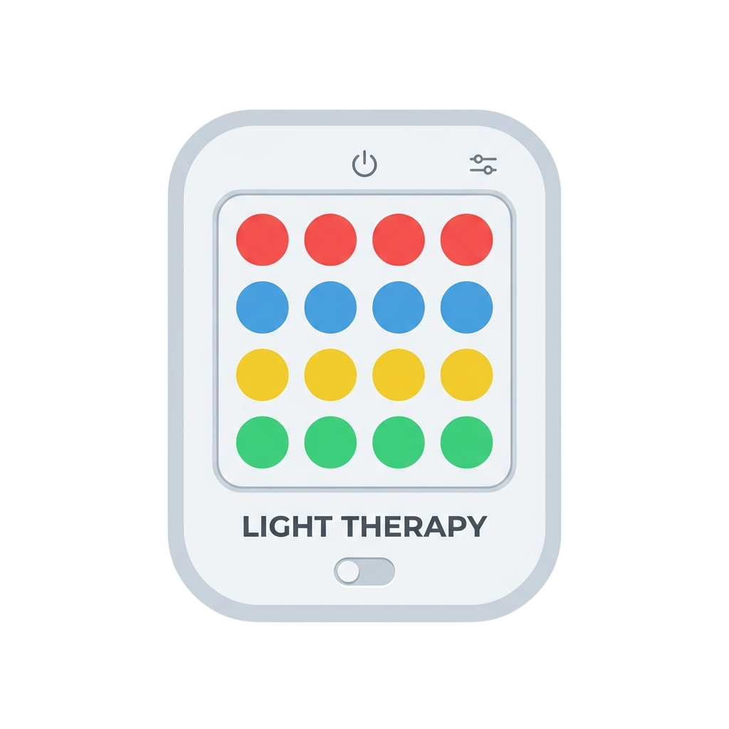 Light therapy device featuring a grid of red, blue, yellow, and green LED buttons for color light sessions