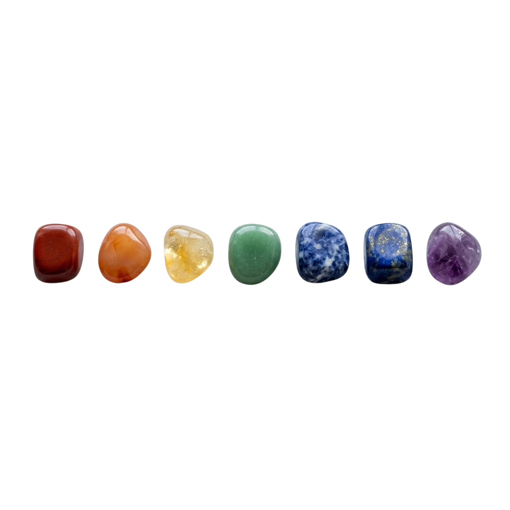 Seven polished gemstones in red, orange, yellow, green, blue, and purple colors arranged horizontally