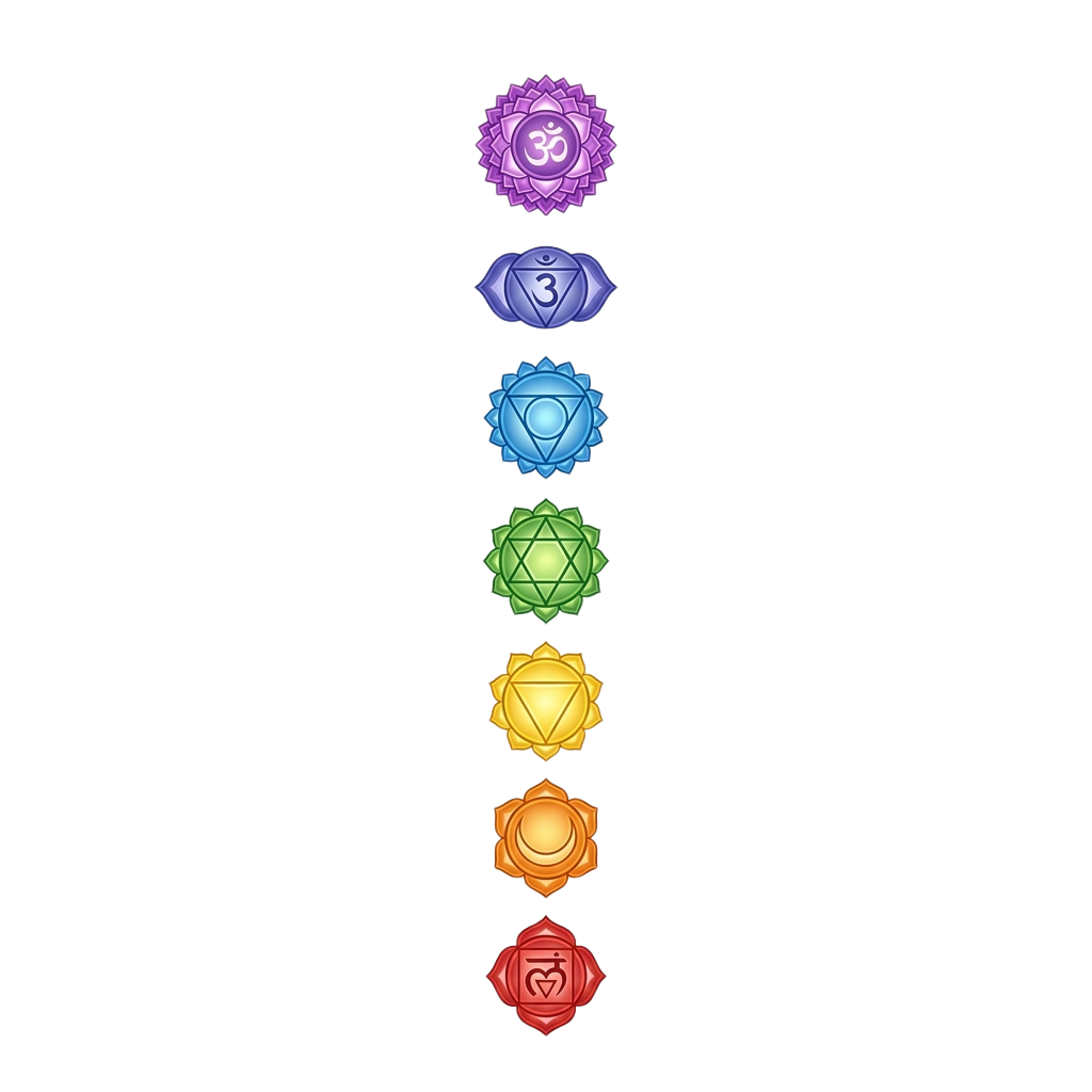 Seven colorful chakra symbols arranged vertically from red at the bottom to purple at the top