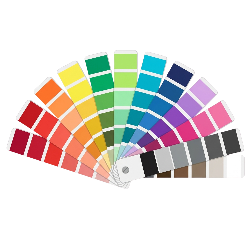 Fan-shaped color swatch chart displaying a variety of paint colors from red to gray