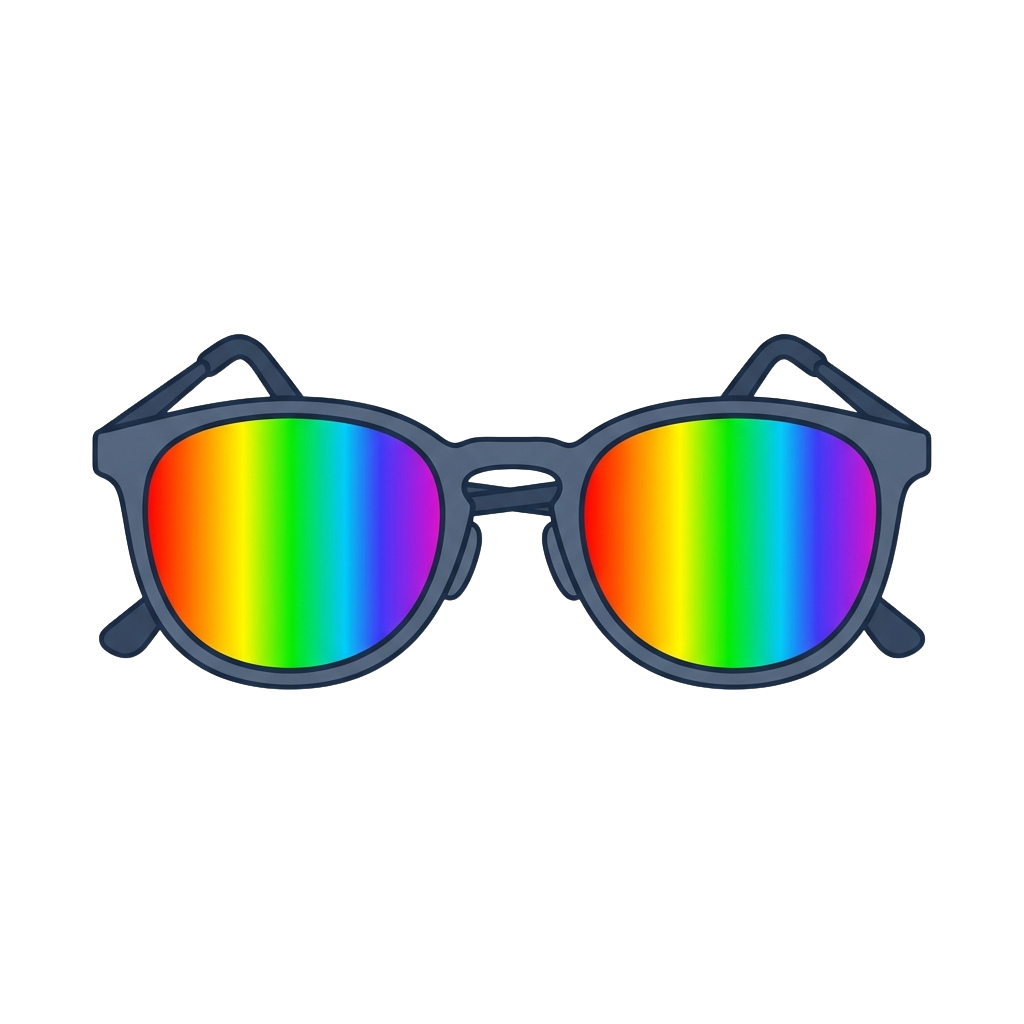 A pair of round sunglasses with iridescent rainbow gradient lenses and dark grey frames.