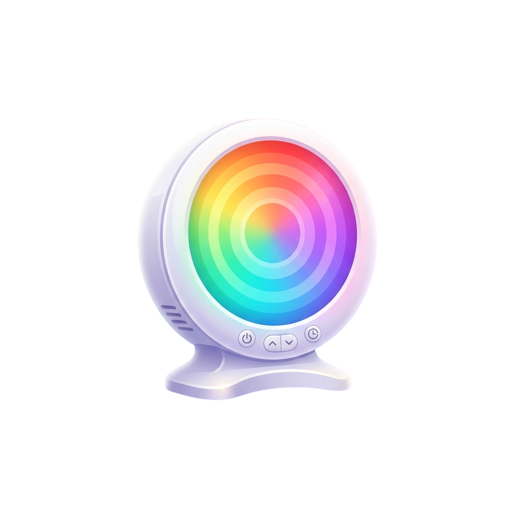 A round smart LED light with a colorful gradient display and control buttons on the front
