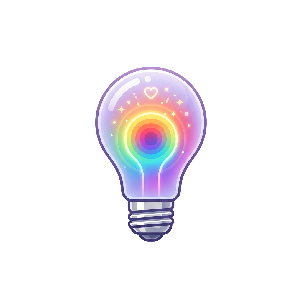 Illustration of a glowing lightbulb with a heart and sparkles inside, emitting a rainbow effect