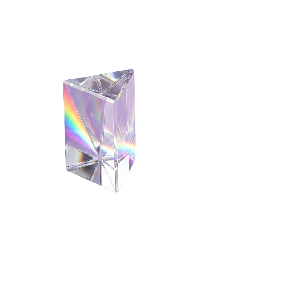 A transparent geometric prism refracting light into a rainbow spectrum